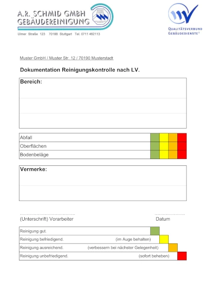 Checkliste für Kontrolle der Reinigungsqualität für Vorarbeiter