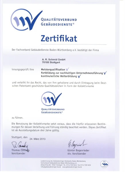 Qualitätsverbund Gebäudedienste Zertifikat zur Mitgliedschaft